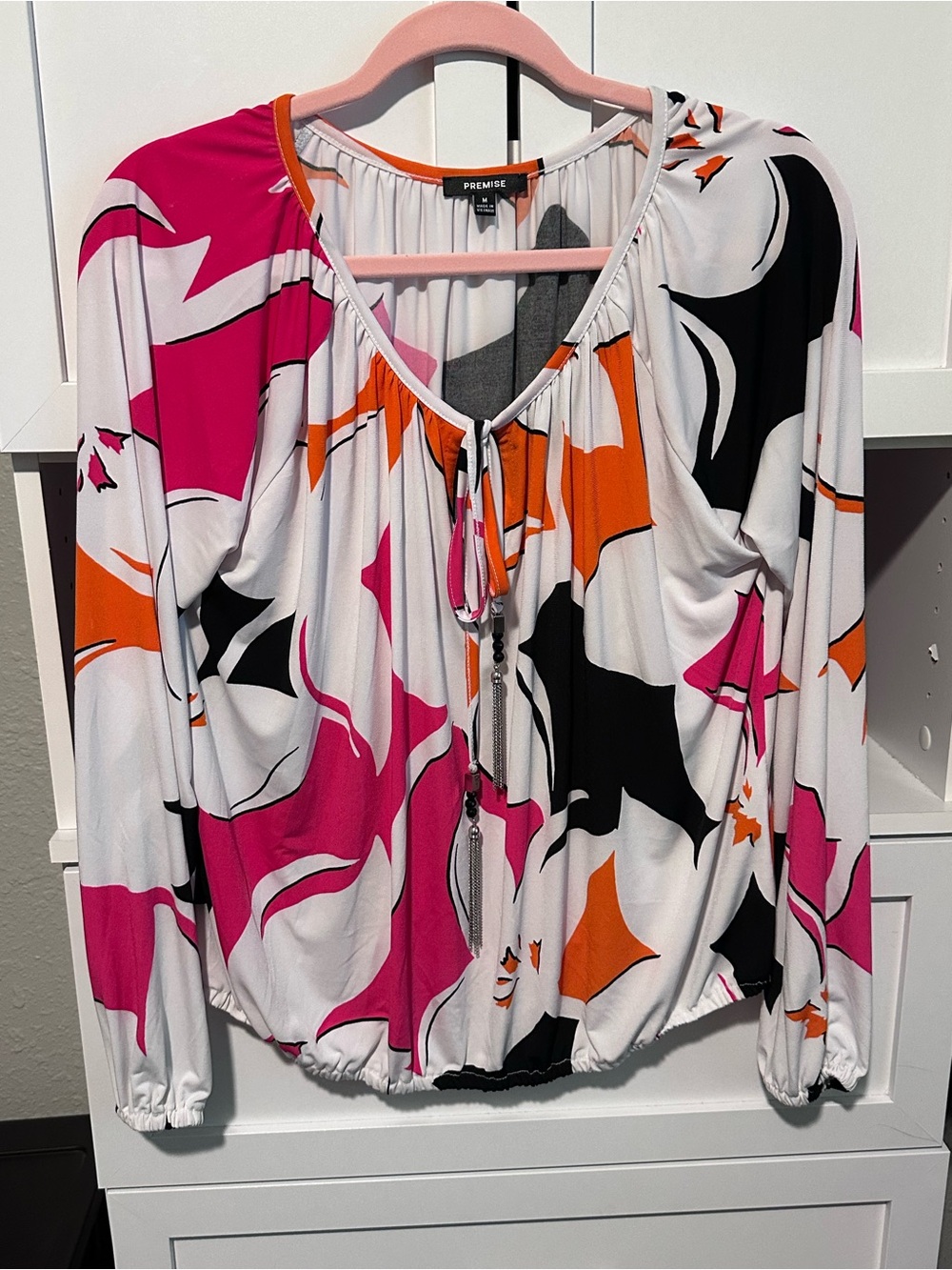 Premise Pink Orange Abstract Floral Tassel Tie Blouse Size Medium